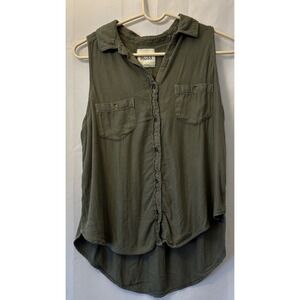 Mudd Women's Hi Lo Button Up Green Embroidered Back Cotton Collared Tank Top L